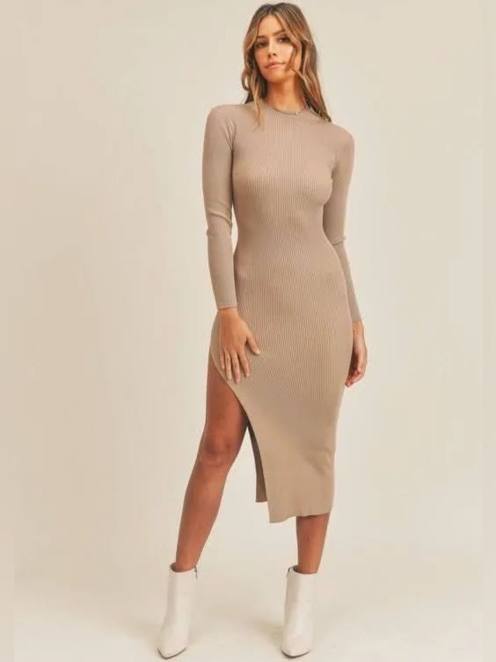 Mable Pauline Tan Ribbed Mock Neck Bodycon Midi Dress Size Large